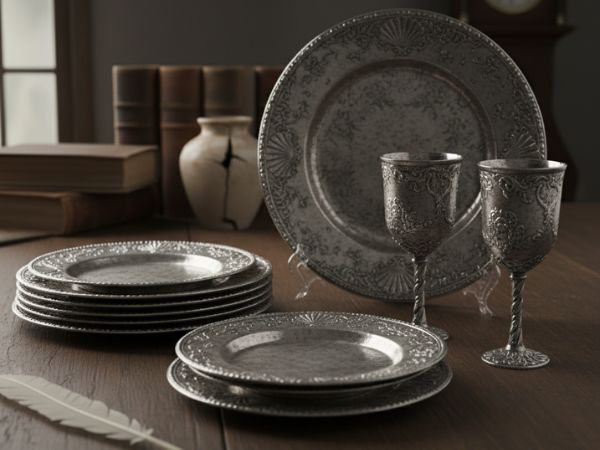  set d'argento antico che include piatti e bicchieri, con un design molto speciale e unico.
