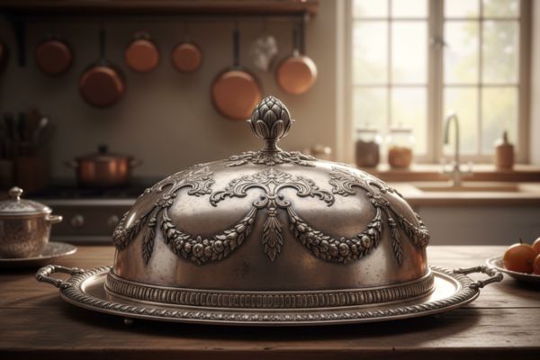 Una cloche da portata in argento antico, splendidamente decorata con motivi floreali e ghirlande
